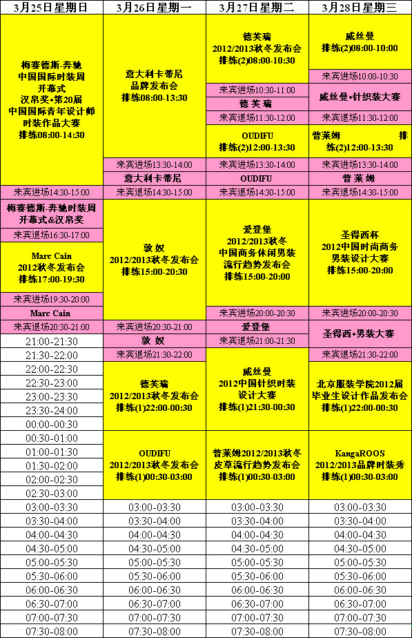 中國國際時裝周(北京飯店)排練、發(fā)布時間表